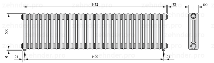 Схема (чертеж) Радиатор Zehnder Charleston 3050/32 №3570 Белый глянцевый RAL 9016